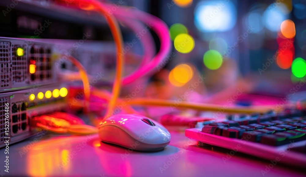Poster computer mouse keyboard cables neon lit data server room
