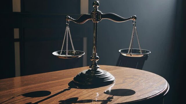 Shiny balance scale on wooden desk. Symbol of judgment in legal trial. Law object in courthouse setting. Balance tool for justice verdict. Justice used in trial, court and legal attorney law