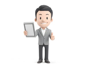 3D cartoon of a cheerful Asian businessman in a gray suit