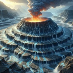 A volcano expelling liquid mud and gases instead of lava forming