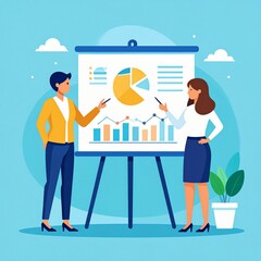Flat design style vector illustration showing a people work at presentation board