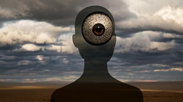 Head silhouette large eye cloudy sky