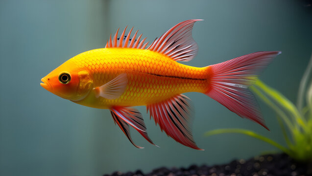 Captive-bred Xanthic Red Line Torpedo Barb (Sahyadria denisonii var.), showcasing bright golden-yellow hues and striking red stripes.