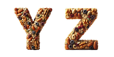 Letters Y and Z made from assorted nuts and dried fruits : Healthy 3D alphabet letters Y and Z designed using a mix of dried fruits, grains, seeds, and nuts on black background