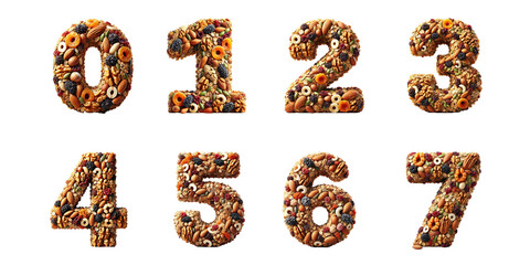 Numbers 0 to 7 made from assorted nuts and dried fruits : Creative 3D digits 0, 1, 2, 3, 4, 5, 6, and 7 crafted from a mix of nuts, seeds, and dried fruits on black background