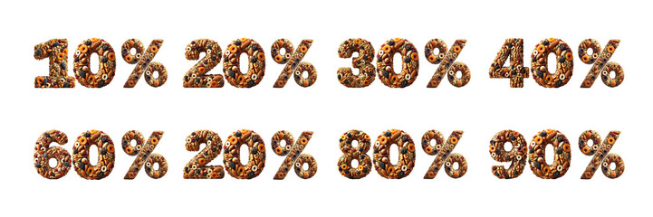 Percentage numbers made from assorted nuts and dried fruits : Creative 3D numbers 10% to 90% crafted from a mix of nuts, seeds, and dried fruits on black background
