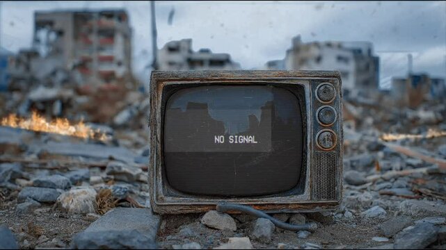 Broken green screen old vintage tv with city ruin background after apocalypse war animation looping video background
