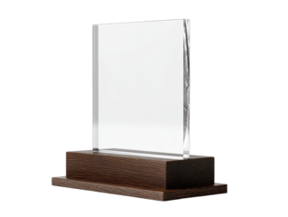 Clear acrylic award plaque on dark wooden base