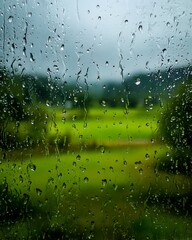 Raindrops cling to a window pane, blurring a lush green field and distant trees in the background. The image evokes a serene, melancholic, and refreshing view of nature on a rainy day.