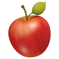 A pristine 3D rendering showcases a single, glossy red apple with a prominent brown stem and a vibrant green leaf.