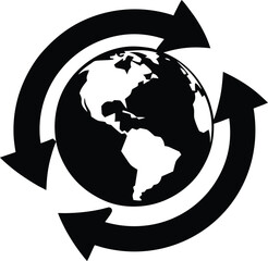 black silhouette of a globe with arrows recycling