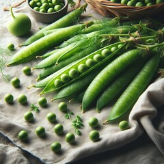 Green Peas in Pod on Linen Fresh pea pods still green and fuzzy