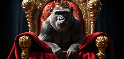 An imposing gorilla with a golden crown sits regally upon an ornate, gilded throne with red drapery.