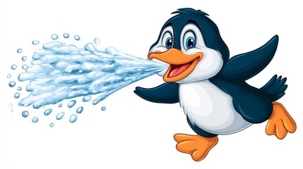 Playful Penguin Sprays Water: A Cartoon Illustration