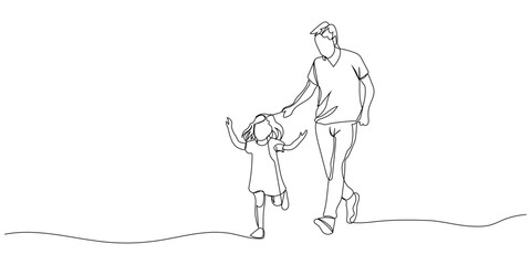 One continuous line drawing of father and daughter, editable line, Father's Day. Father and daughter enjoying a joyful walk together on a sunny day in a peaceful park setting