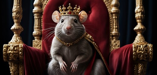 Fototapeta premium An adorable mouse regally sits on an ornate throne wearing a tiny golden crown and cape