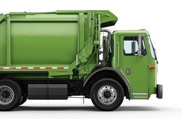 Green Garbage Truck on White Background Side View