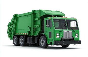 Green Garbage Truck Isolated on White, Environmental Service Vehicle
