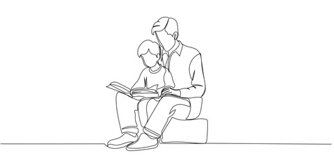 One continuous line drawing of father and son, editable line, Father's Day. Father and son reading together in a cozy setting during a quiet afternoon at home