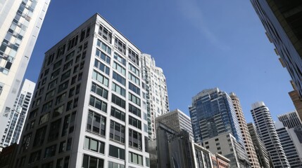 A vibrant urban skyline featuring a prominent multi-story building with a grid-like pattern of windows, surrounded by diverse modern skyscrapers reflecting the clear blue sky. The dense cluster of hig