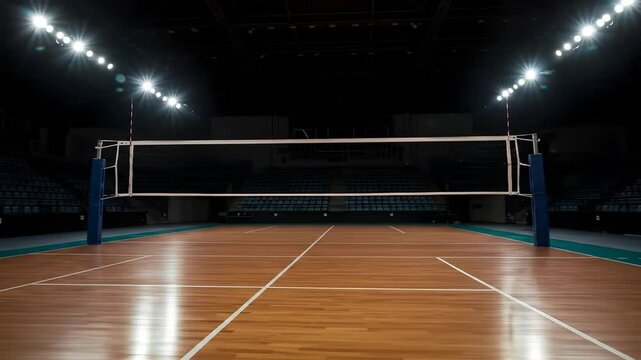 Empty Volleyball Court Under Spotlight