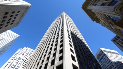 Obraz premium Stunning low-angle view of a modern urban skyline featuring a tall rectangular skyscraper with a light-colored facade and dark windows, surrounded by diverse high-rise buildings of varying heights and