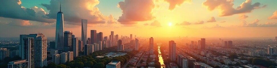 Fototapeta premium Sun-drenched cityscape, towering buildings reaching for a vibrant summer sky Heat shimmers above the concrete jungle, a scene of urban summer energy , blue, urban scene