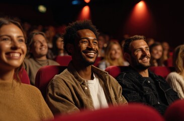Obraz premium Smiling People Watching Dark Movie Theater Show Entertainment