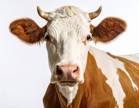Retrato de la cabeza de una vaca lechera blanca y negra mirando de frente sobre fondo blanco
