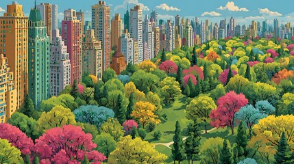 Vibrant Spring in Central Park, NYC Skyline