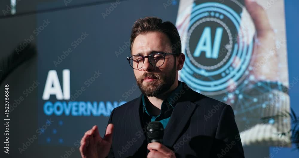 Aufkleber Man, seminar and speaker with microphone at business event for ai governance. Data science, convention or conference for training, accountability and learning about future of internet or tech