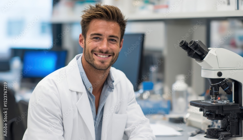 Poster smiling scientist sitting near microscope in bright laboratory