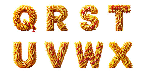 Letters Q to X made from crispy french fries : Tasty 3D alphabet letters Q, R, S, T, U, V, W, and X formed from golden fries with ketchup on black background