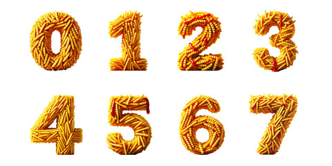 Numbers 0 to 7 made from crispy french fries : Creative 3D digits 0, 1, 2, 3, 4, 5, 6, and 7 formed from stacked golden fries with some ketchup accents on black background