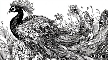 Obraz premium Intricate Peacock: A Monochrome Masterpiece of Feathers and Flora
