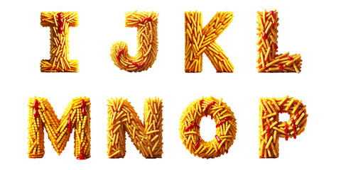 Letters I to P made from crispy french fries : Tasty 3D alphabet letters I, J, K, L, M, N, O, and P created from golden fries with ketchup on black background