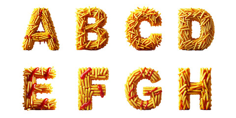 Letters A to H made from crispy french fries : Creative 3D alphabet letters A, B, C, D, E, F, G, and H formed from golden fries with ketchup accents on black background