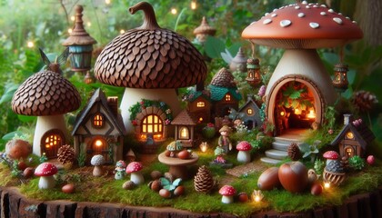 Fairy village with acorn homes toadstool tables and dewdrop lant