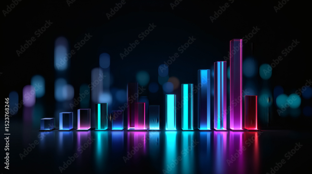 Poster neon-colored bar graph with glowing, futuristic columns on a dark background, representing data anal