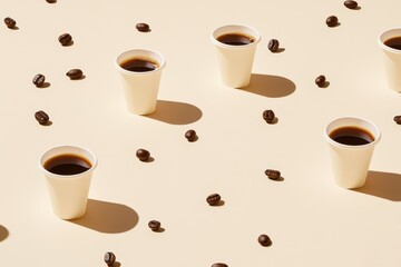 Obraz premium Coffee cups and beans pattern on beige background