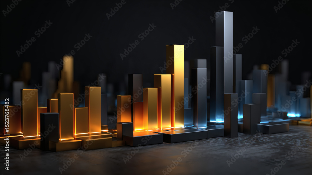 Poster a colorful 3d bar graph with gold and silver bars stands on a dark surface, representing data analys