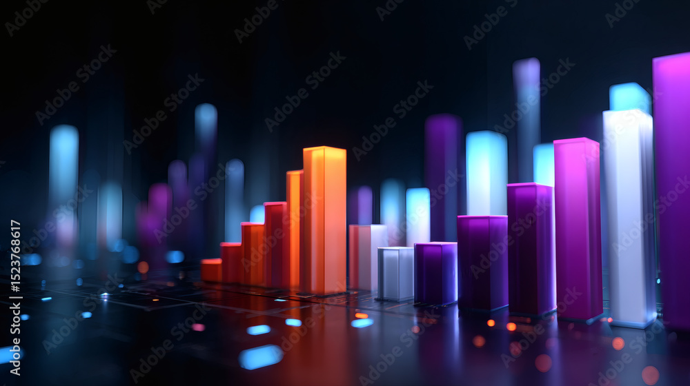 Poster a vibrant 3d bar chart visualizes colorful data columns on a dark, futuristic background.