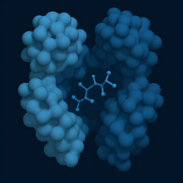 Molecular visualization of enzyme-substrate interaction &ndash; 3D scientific illustration of molecular docking, protein and ligand structure in blue on dark background