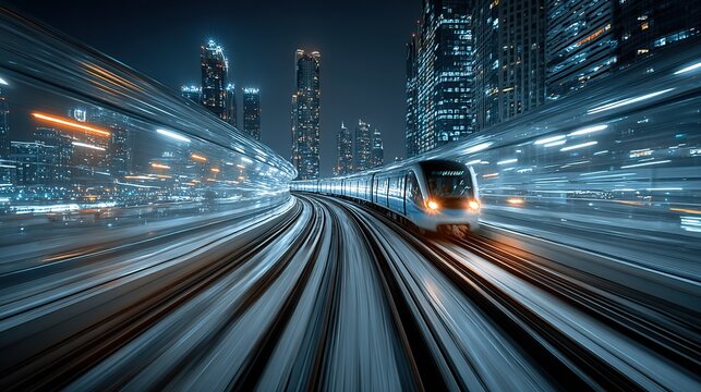 Metro Train Dubai Night Cityscape.