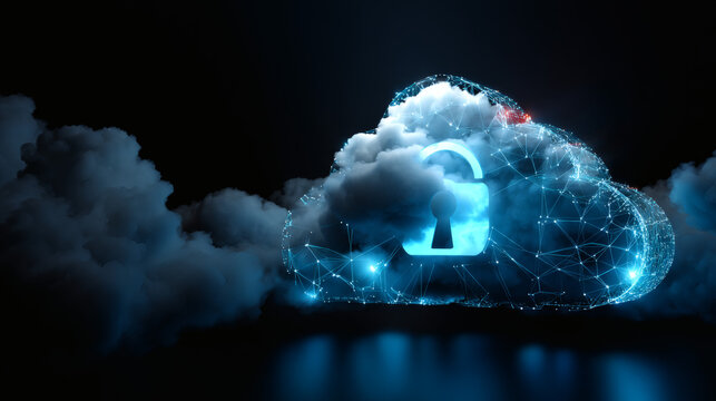 A digital cloud with a glowing lock symbol represents secure cloud computing and data protection.