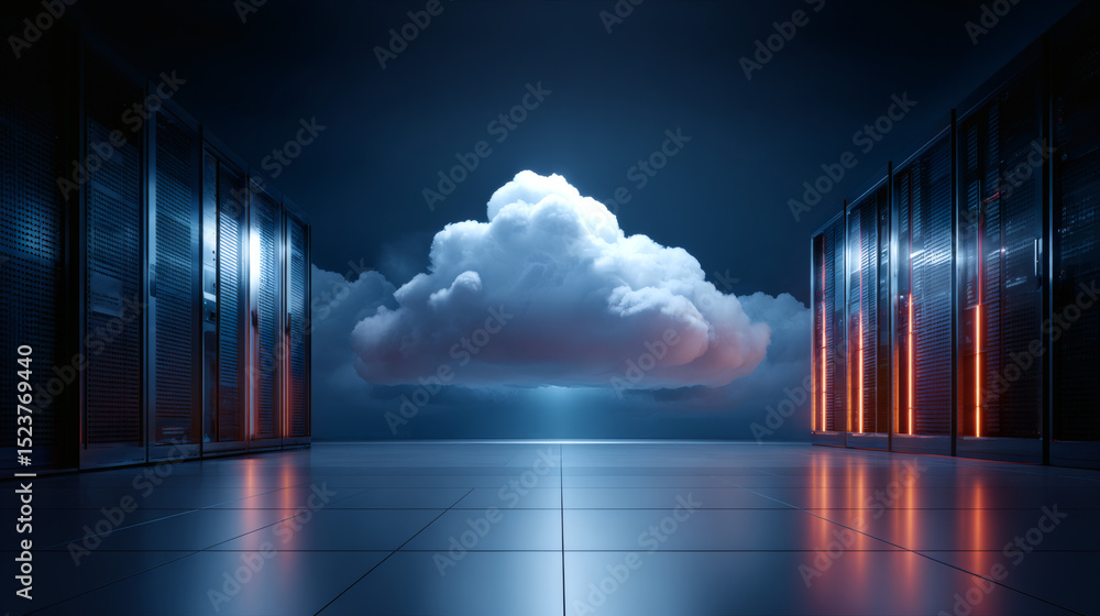 Aufkleber a glowing cloud hovers between rows of modern servers in a dark, futuristic data center, symbolizing