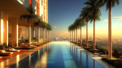 Obraz premium Luxurious infinity pool at a high-end hotel overlooking a vibrant city skyline at sunset with palm trees and large columns