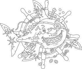 Perfidiously smiling great white shark pirate with fins sabers on a background of a wooden steering wheel from a sunken old sail ship, black and white vector cartoon illustration for a coloring book