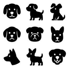 A Set of Artistic Dog 9 Icons Collection in Simple Flat Black Style for Graphic Design Projects. Transparent background