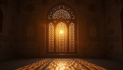 Intricate, mashrabiya, window, casting geometric shadows, golden sunset light, Intricate mashrabiya window casting geometric shadows